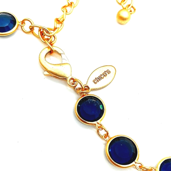 $50 CHICO'S Circle Long Blue Sapphire Swarovski Gemstone Necklace-Matte Gold - Picture 4 of 5